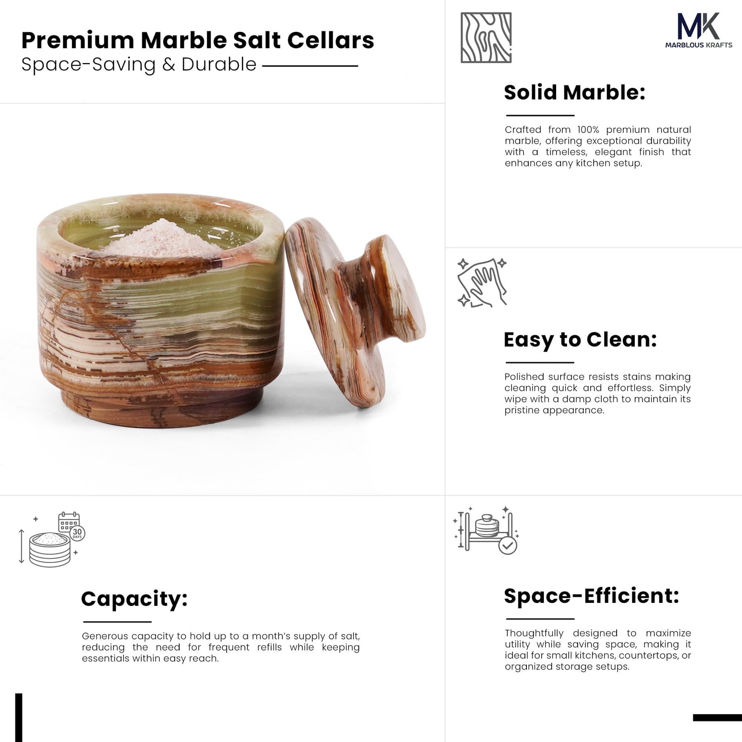 MARBLOUS KRAFTS Marble Small Salt Cellar with Lid 3" Inch Green Onyx Stone Salt Holder Set of 2 for Counter & Stone Salt Container, Salt Dish, Salt Box & Spice Jar, Kitchen Decor