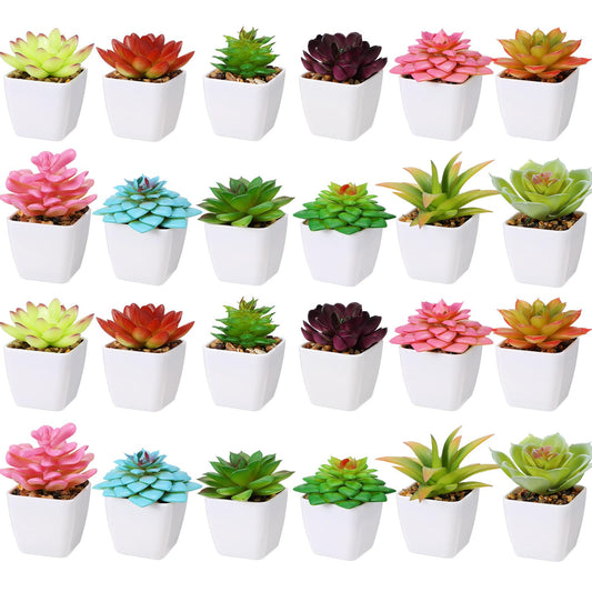 Yunlly 24 Pack Mini Artificial Succulent Plants in Pots Bulk Small Potted Faux Succulent Plants in White Pots for Indoor Home Office Desk Window Bathroom Bedroom Commodity Shelf Decoration