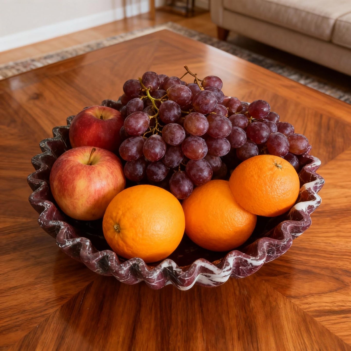 SourcTrek Ruffle Scallop Decorative Bowl,10-inch Large Natural Stone Purplish Red Bowl,Modern Handicraft Fruit Bowl and Key Bowl for Kitchen Counter Entryway (Rosa Levanto)