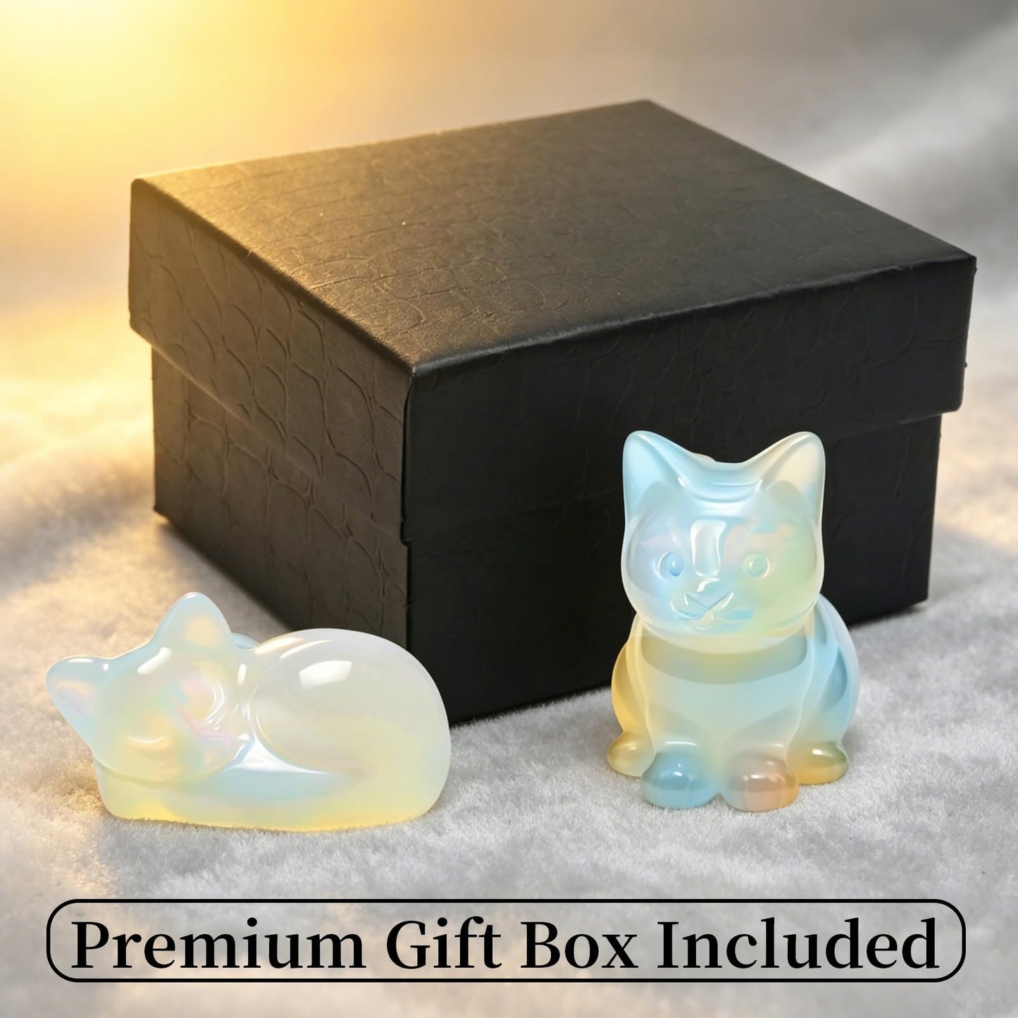 LIDSCURA 2 PCS Blue Opal Moonstone Cat Figurines Set, Sitting & Lying Crystal Cat Statues, Natural Stone Home Office Desk Decor, Gift for Cat Lovers (Includes Gift Box)