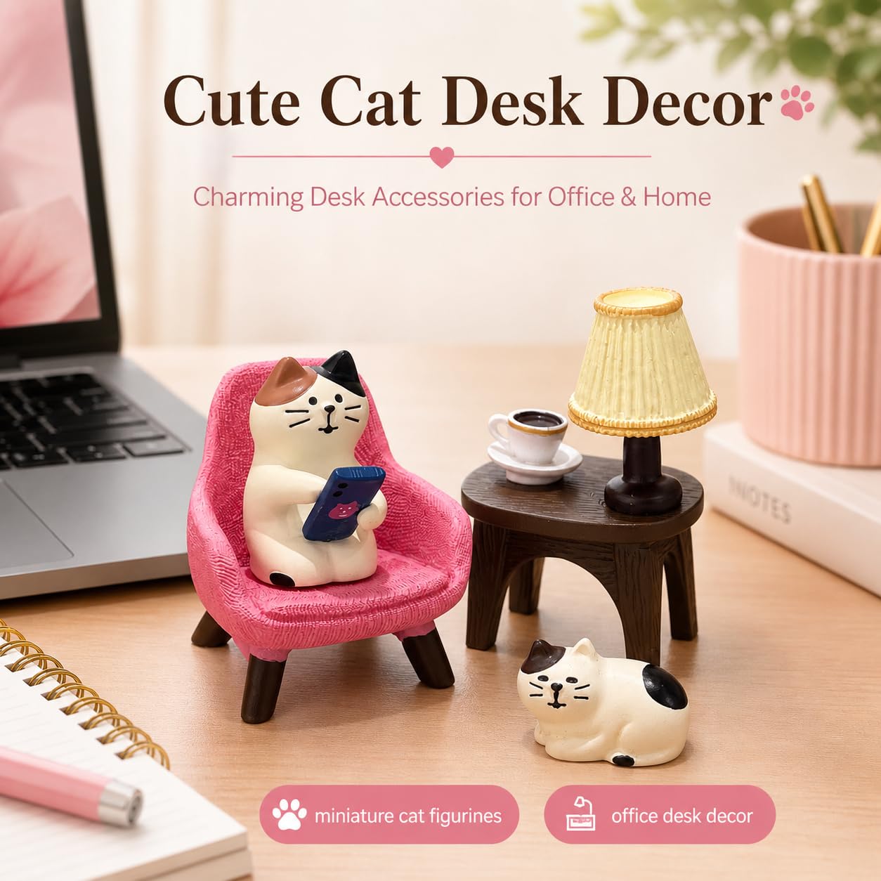 Edyocey Miniature Cat Figurines Set, 4-Piece Resin Cat with Sofa and Lamp, Desk Decor for Office and Home, Gift for Cat Lovers