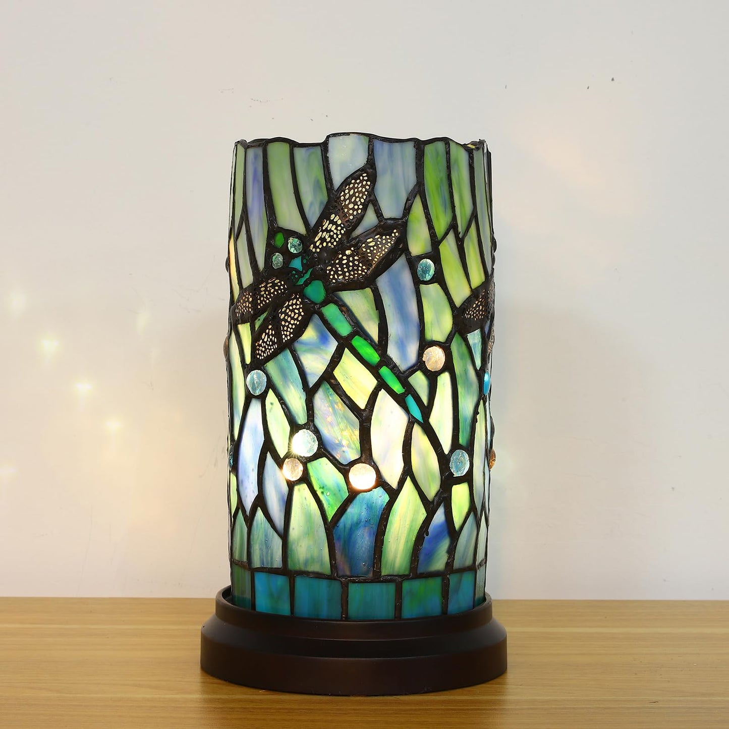 KALOUFUL Tiffany Style Table Lamp for Bedroom Baroque Stained Glass Nightstand Bedside Night Lamp Party Light Hand-Made Art Home Deco Christmas Gifts W/ 2 LED Bulbs (3 Color Temperatures+Flame Bulb)