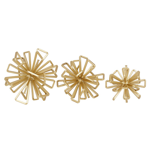 Deco 79 Metal Geometric Decorative Sculpture Wire Rod Orb Home Decor Statues, Set of 3 Accent Figurines 8", 7", 6"W, Gold