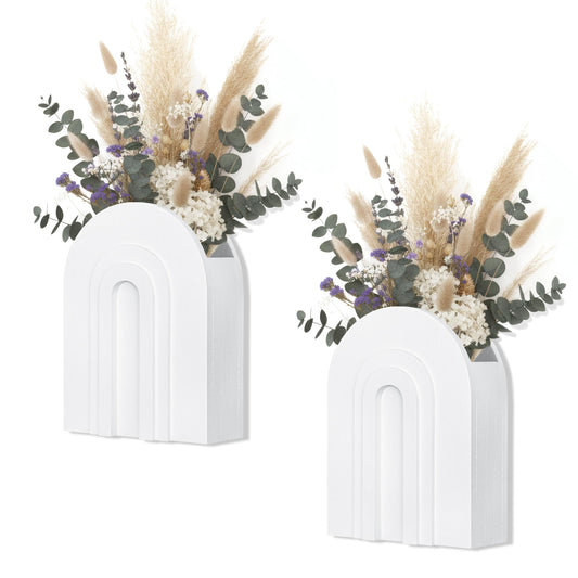 2 Pack White Wooden Wall Vase for Pampas Grass & Dried Flowers, Modern Farmhouse Decor for Bathroom Wall Decor, Rustic Wall Plant