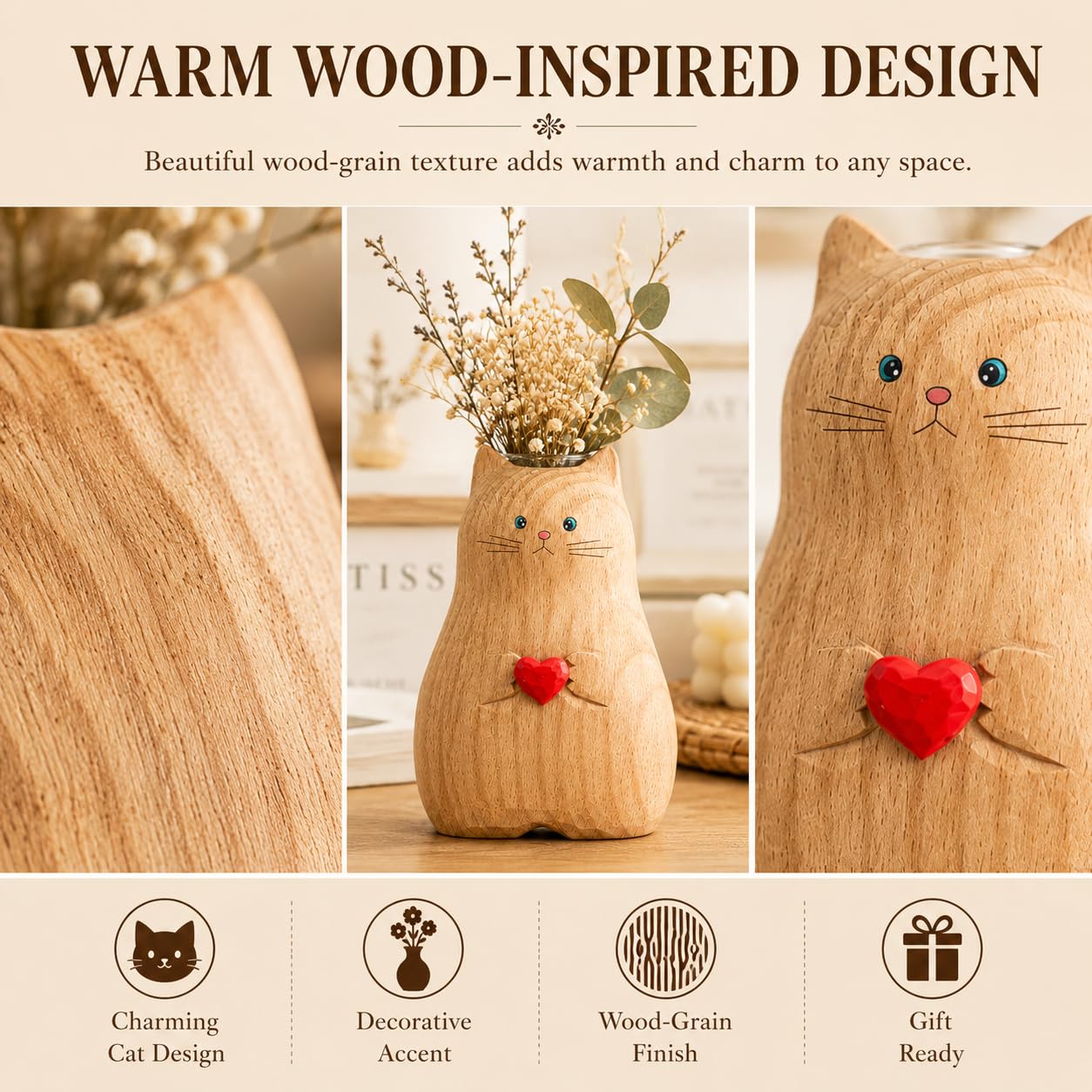 Cat Vase Handmade Wooden Vase, Home Decor Small Vases,Solid Wood Cat Statue Holding Heart Shaped,Modern Creative Cat Decor