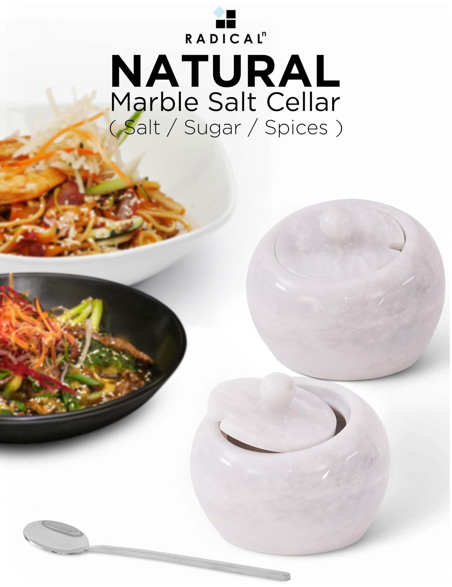 Radicaln Marble Salt Cellar with Lid 4" Inch White Salt Jar & Spice Storage Containers For Kitchen Countertop, Ideal Sugar Bowl & Salt dish For Table