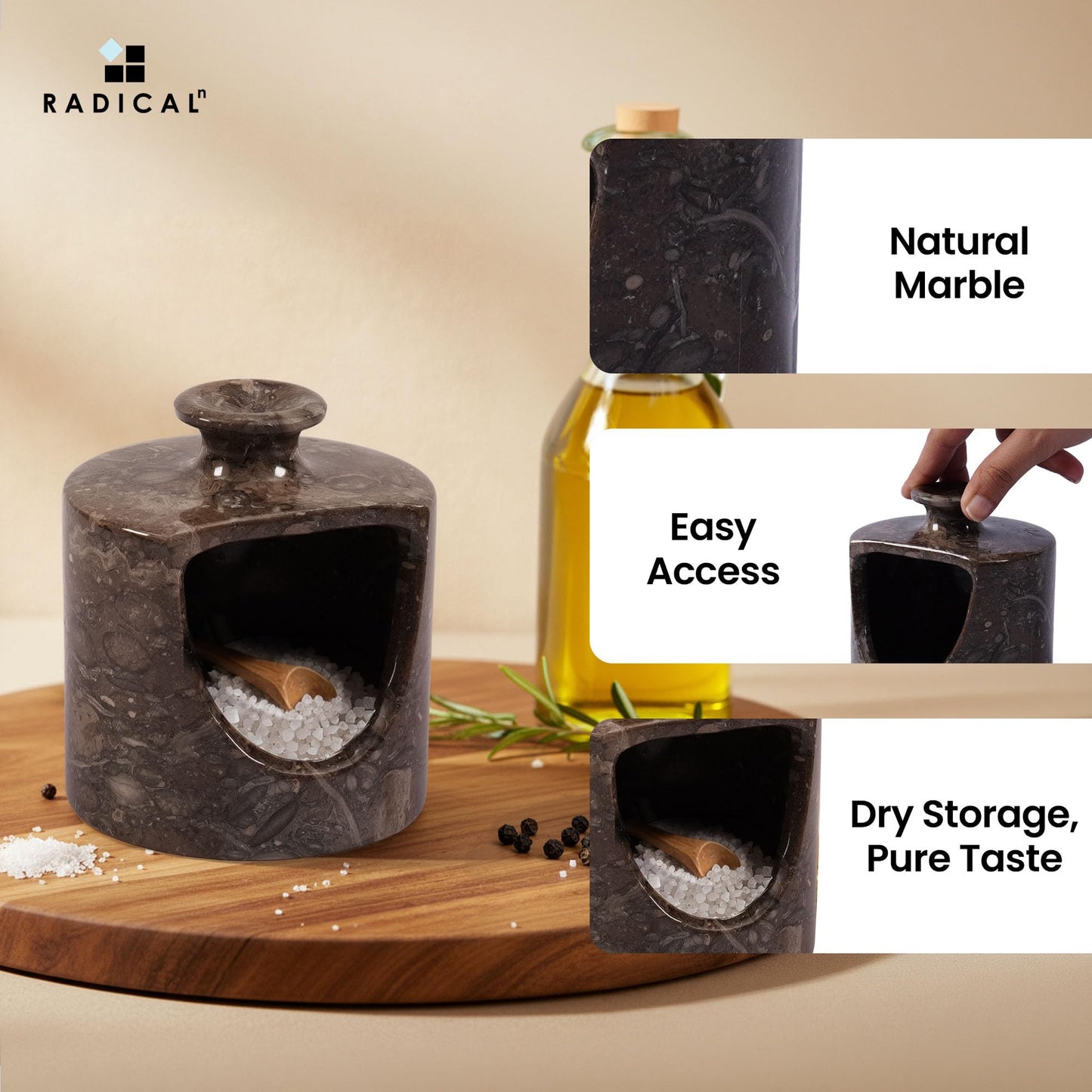 Radicaln Marble Salt Cellar 4.5" Inches Oceanic Handmade Salt & Spices Storage Container For Kitchen Countertop, Ideal Pig Salt Box, Salt Bowl & Spice Jar for Table Decor