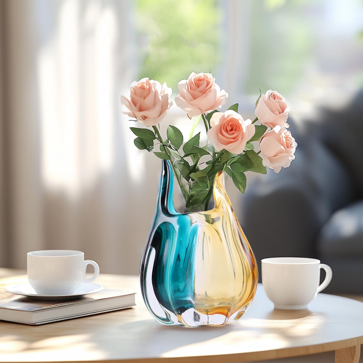 Hand Blown Glass Vase, Medium Wide Mouth Flower Vase Unique Modern Turquoise Glass Art Decor, Nonbreakable Vases for Table Centerpieces Living Room Decorative Amber and Teal Vase