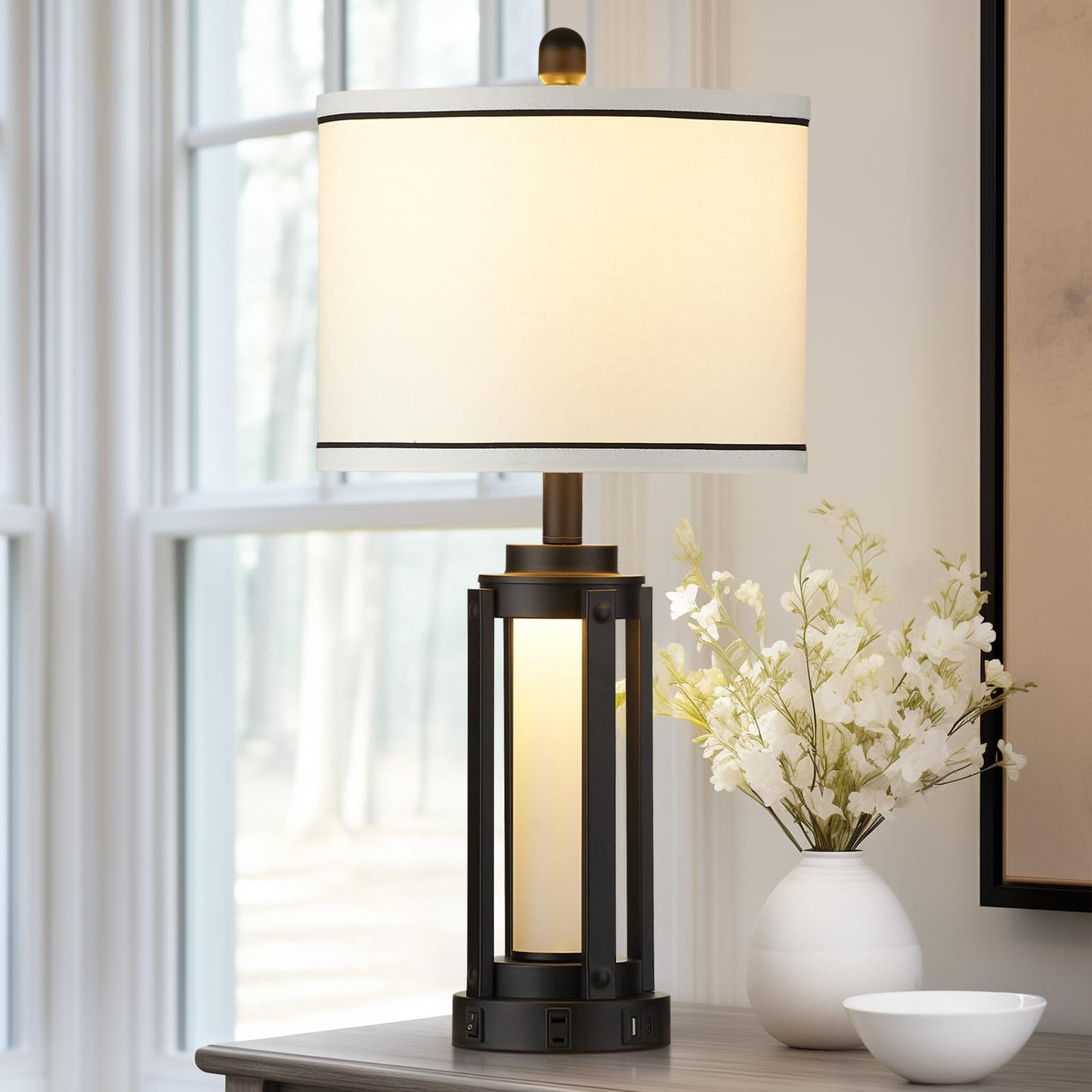 26" Modern Table Lamp with USB A+C Charging Ports & AC Outlet, Industrial Beside Contemporary Lamp Glass LED Night Light for Living Room Bedroom Nightstand End Table Single Black(2 Bulbs Included)