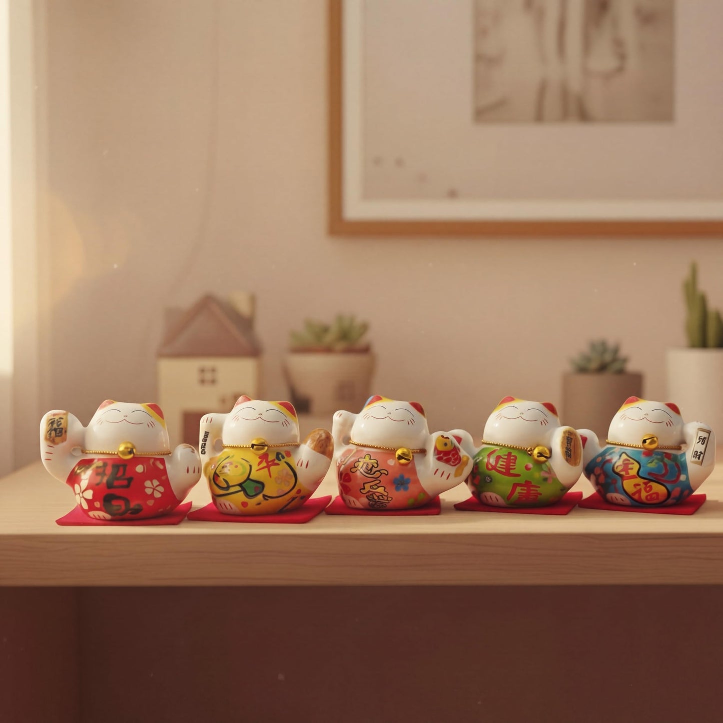 HANTHES Lucky Cat Figurines Set of 5 Mini Maneki Neko Small Cat Figurines 2 Inch Ceramic Beckoning Cat Statues Japanese Fortune Cat Decor for Home Desk Shelf Collection Gift with PVC Box