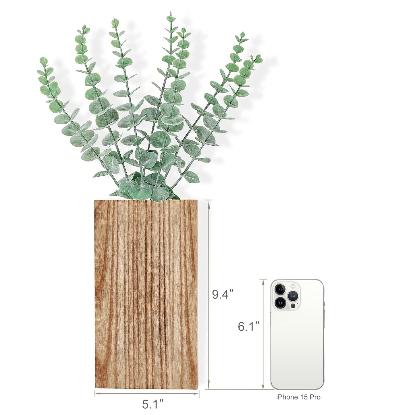 Dahey 2 Pack Wood Wall Planter Vase with Artificial Eucalyptus Farmhouse Wall Hanging Decor Pocket Planter for Indoor Fake Plants Greenery Flowers, livingroom Bedroom Kitchen Home Office Decoration