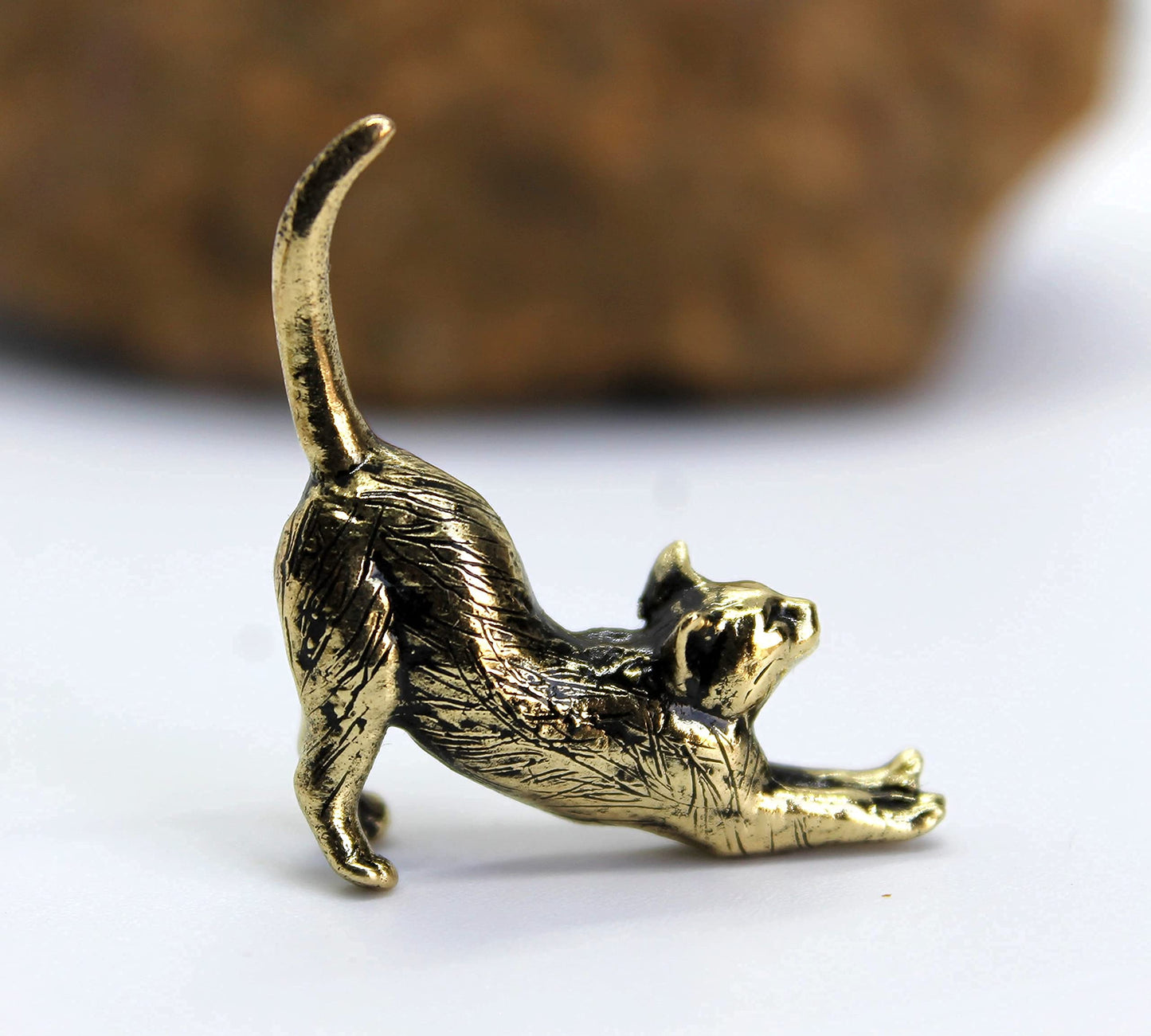 Stretching Cat Figurine Hand-Casted in Brass Small Kitten Miniature Collectible Gift for Cat Lovers Tiny Metal Decorative Trinket