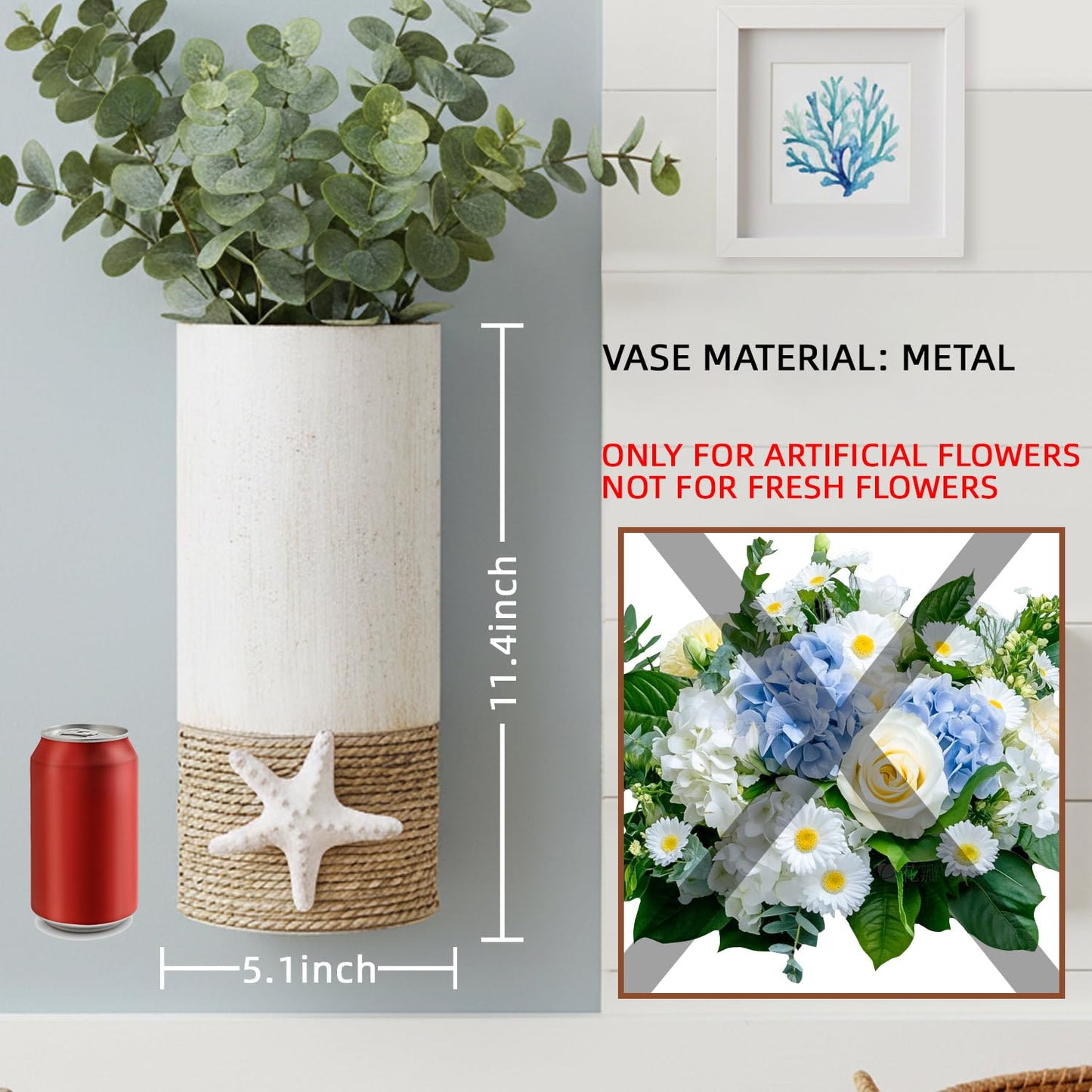 2 Pack White Metal Wall Vase,Coastal Wall Vase for Flowers(No Artificial Flowers Included), Coastal Decor Hanging Vases,Coastal Home Decor for Living Room,Entrance,Hallway,Bedroom (White Wall Vases)