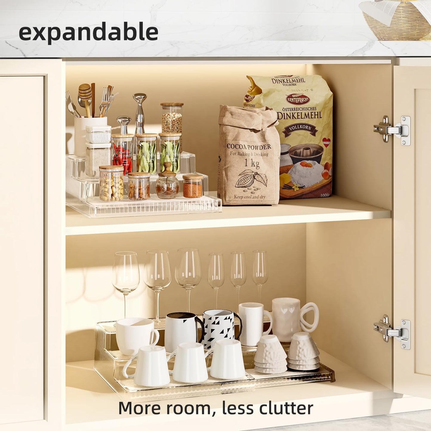 MSHOMELY 3-Tier Expandable Clear Spice Rack Organizer 2 Pack Adjustable Tiered Seasoning Shelf with Non-Slip Textured Surface, Multi-Purpose Cabinet Organizer for Kitchen Pantry Countertop Vanity