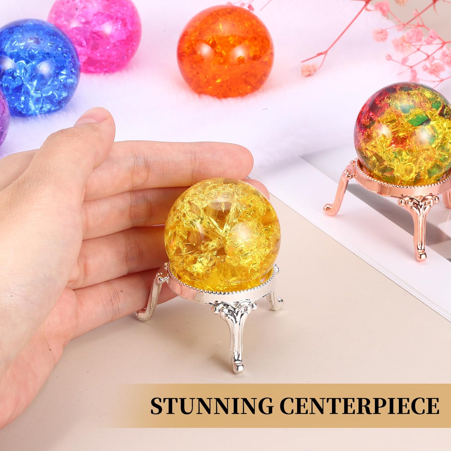 PATIKIL Crystal Ball 40mm, Ice Cracked Glass Ball with Metal Stand, Decorative Crystal Sphere Glass Paperweight for Home Office Table Decor, Pink/Gold