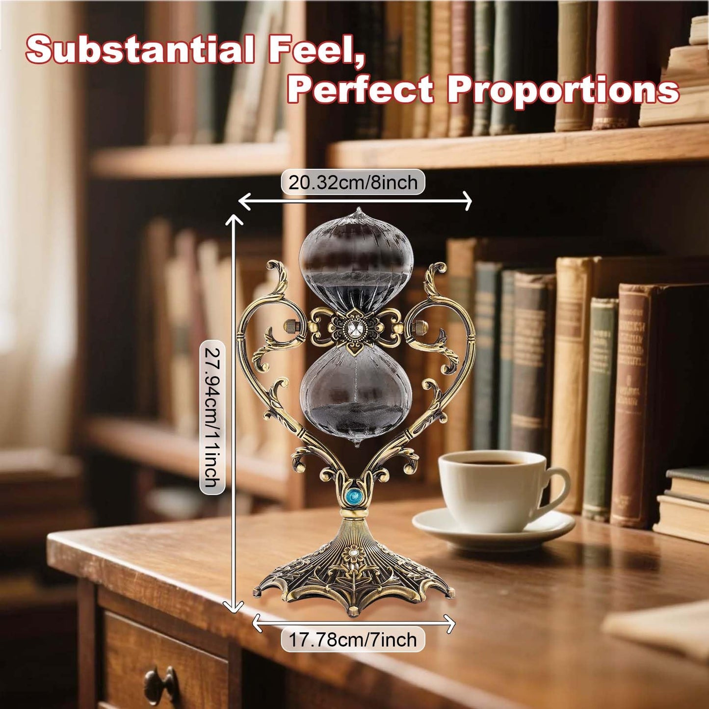 60 Minute Hourglass Timer, Vintage Engraving Large Rotating Sand Timer Clock, Unique SandWatch 60 Min, Antique Brass 1 Hour Glass Sandglass for Home, Desk, Office (Black)