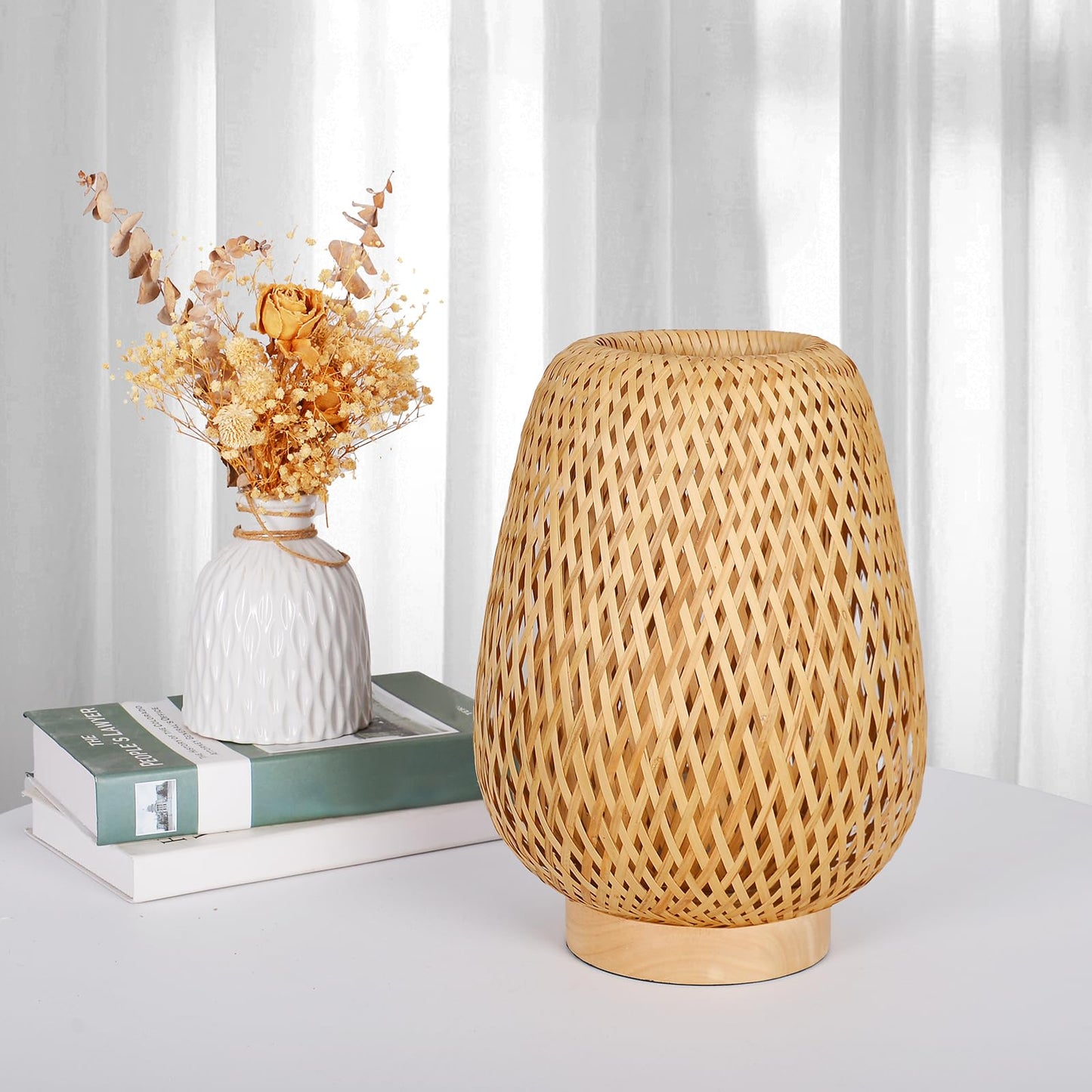 Hodevimall Boho Rattan Table Lamp, Stepless Dimmable Small Beside Lamp, Vintage Nature Wicker Wooden Nightstand Boho Bamboo Woven End Table Lamps for Bedroom Living Room Desk Kids Room