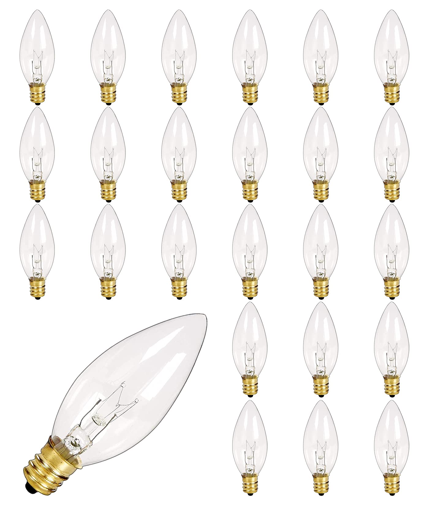 Romasaty 25PK Crystal Clear Torpedo Tip E12 Candelabra Light Bulbs, Transparent Candle Light Bulbs for Chandeliers, Electric Window Candle Lamps, Ceiling Fan Lights, Pendants, Fireplace - 7W - 120 V