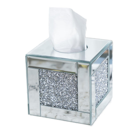 Mirrored Tissue Box Cover Holder, Square Glass Facial Tissue Holder with Crushed Diamond Crystals, Luxury Facial Paper Organizer Dispenser for Bathroom, Vanity Countertop, Tabletop, Silver
