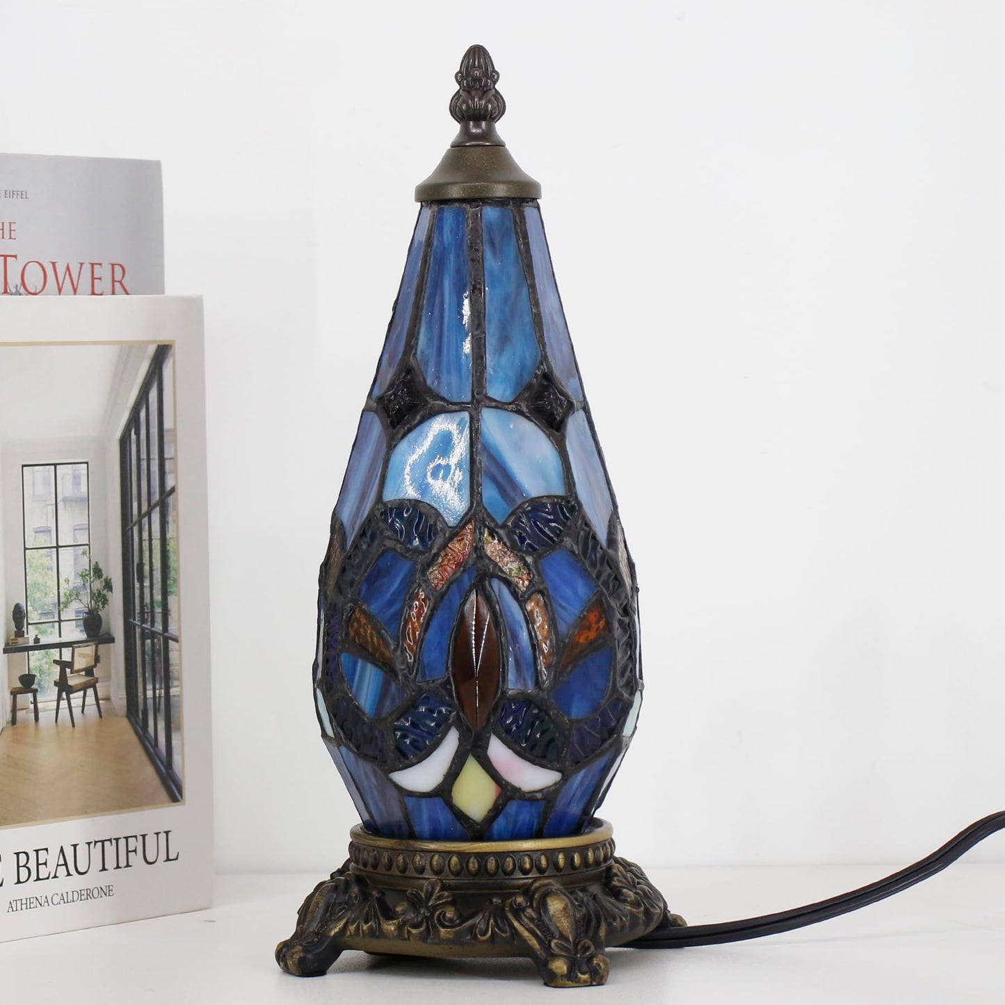 TCODTPOL Small Tiffany Lamp Stained Glass Table Lamp 5.5X11 Inch Christmas Tree Lighthouse Mini Accent Memory Sympathy Antique Night Light for Bedroom Living Room (Blue Purple)