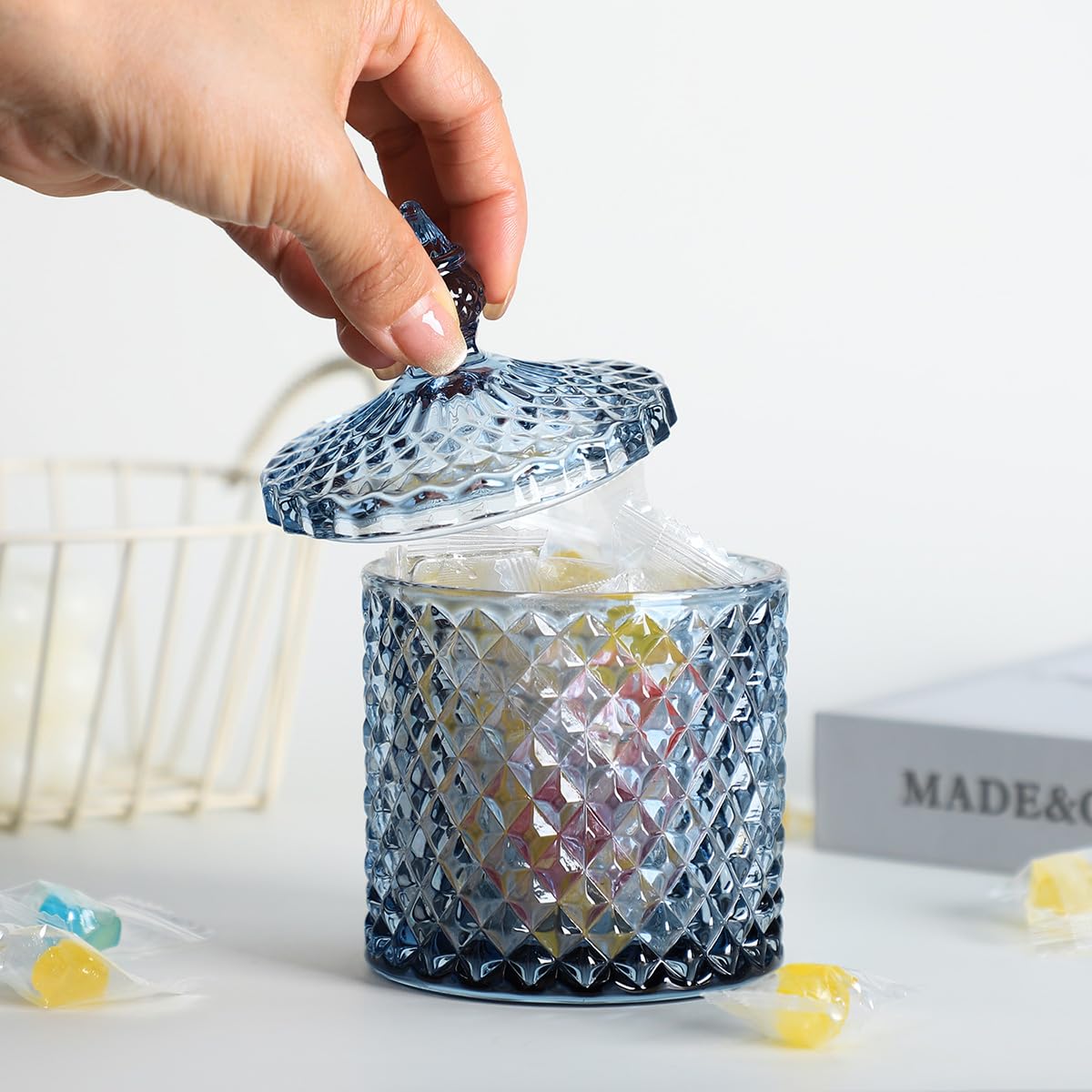 Sizikato Diamond Faceted Crystal Glass Candy Jar with Lid, Blue Decorative Jar, Jewelry Box, Cotton Swab Storage Holder.