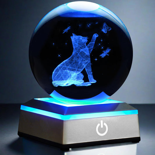 PYMIN3D 3.15 inch Crystal Ball Night Light with Colorful LED Lamp, Touch Base Cat Figurine Decor Gifts for Women, Cat Lovers, Birthday, Christmas