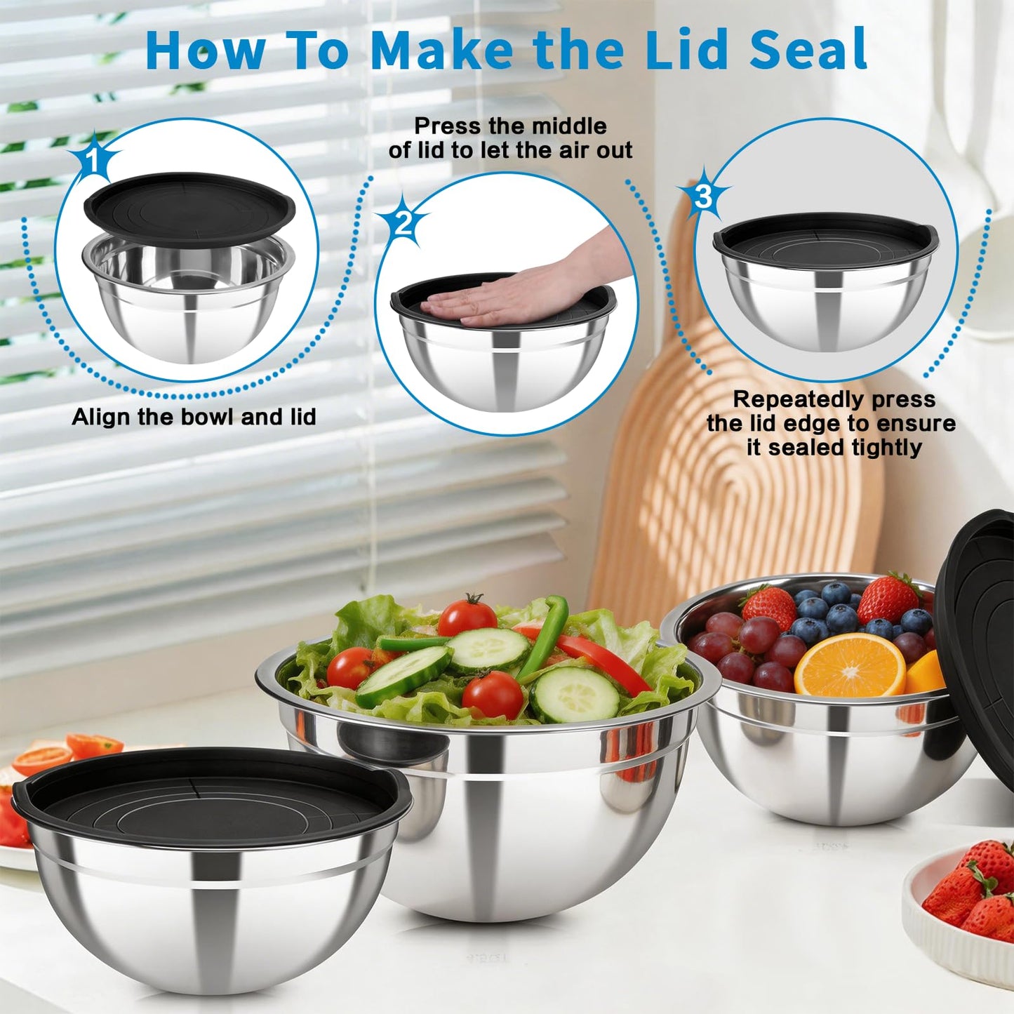 Mixing Bowls Set-9 Pcs Stainless Steel Mixing Bowls with Lid, Grater, Colander, Egg Whisk and Separator, Multipurpose Kitchen Metal Bowls for Mixing, Preping, Serving, Size 6.3, 4.3, 3.6, 2.9QT