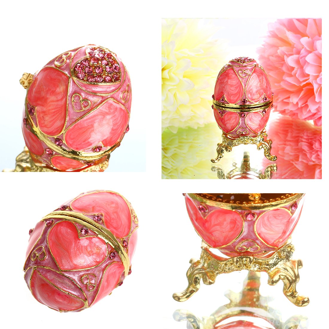 YU FENG Faberge Egg Trinket box Jewelry Box Hinged Collectible Rhinestones Jeweled Painted Enameled Decorative Egg (Pink)