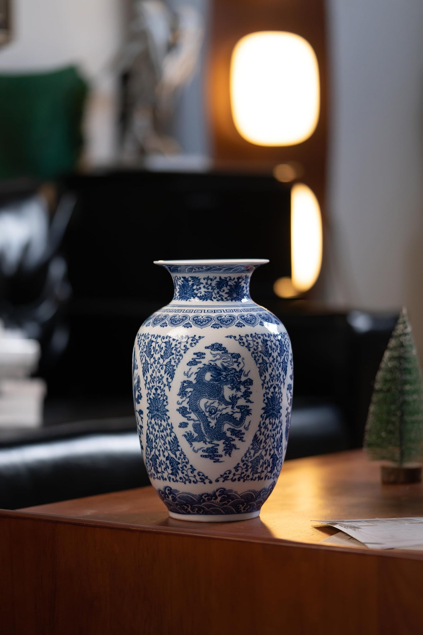 Blue and White Vase, Large Chinoiserie Vase Porcelain, Ginger Jar, Mantel Decor for Living Room & Home,11" H