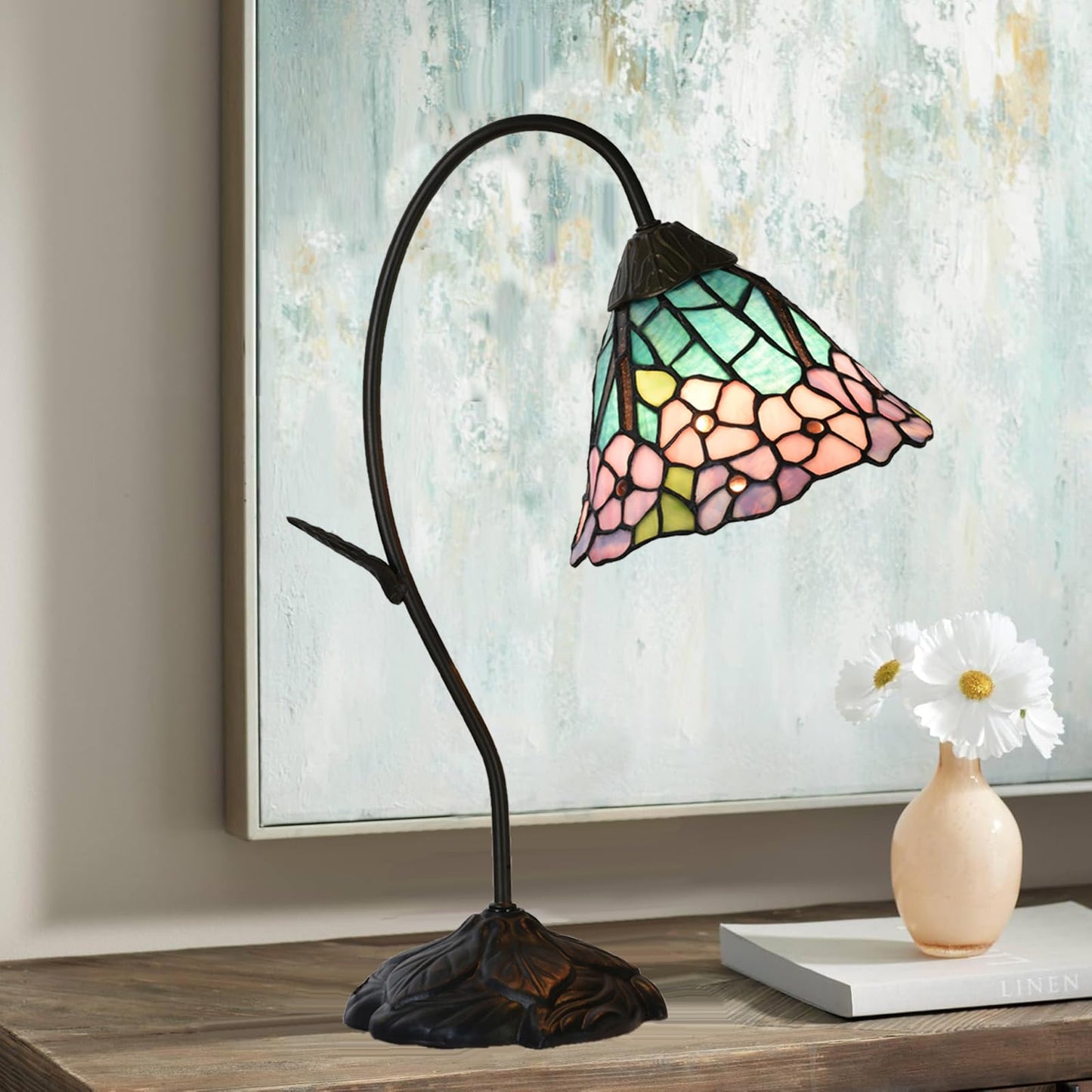 HomeBeauty TL0040 Tiffany Style Table Lamp,Handmade Stained Glass Hydrangea Desk Lamp,Vintage Gooseneck Accent Lamp,W 11.25" x H 19" for Bedroom Living Room,Nightstand,LED Bulb Included