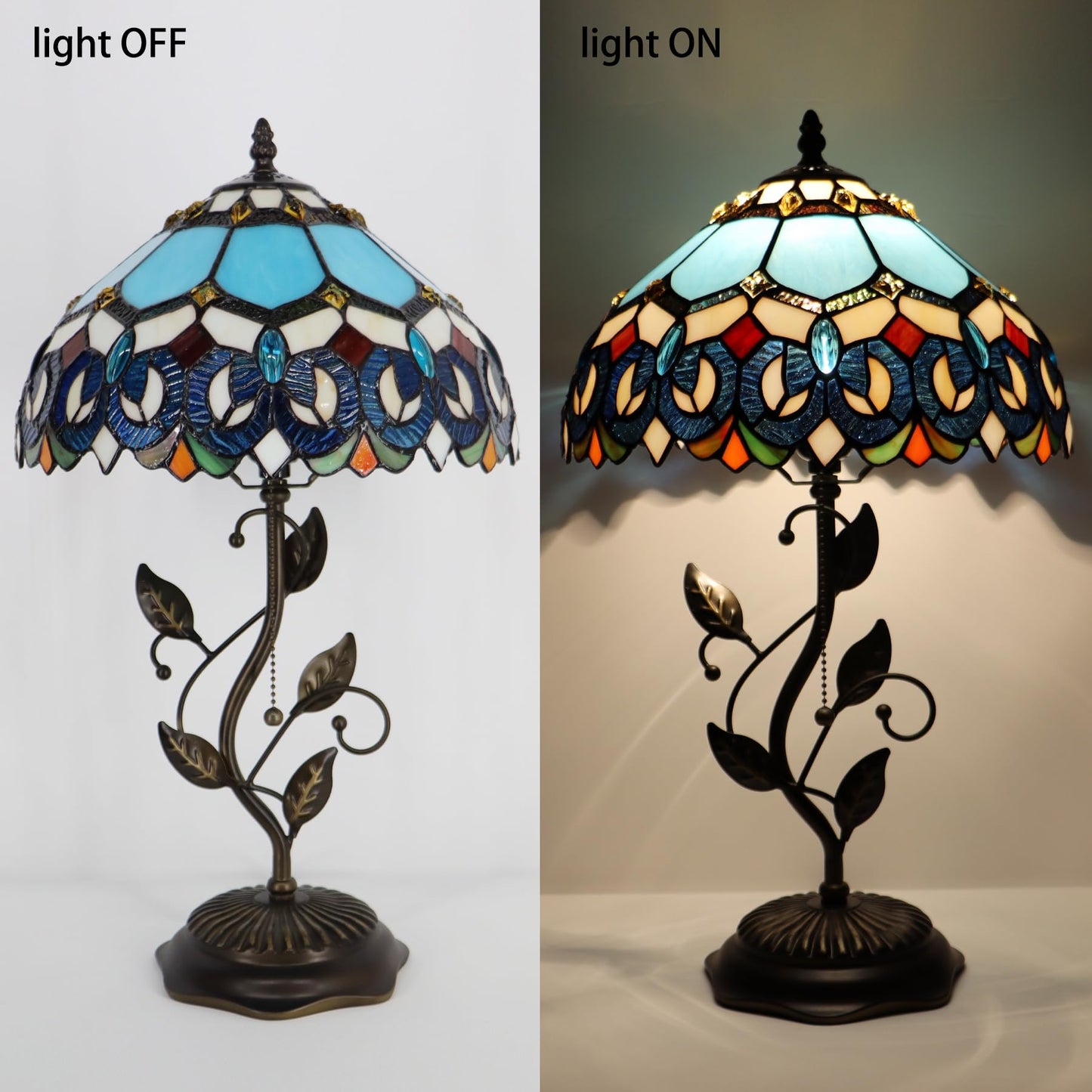 LXHCYOU Tiffany Table Lamp, Stained Glass Desk Light, W12H19 Inch, Metal Leaf Base (Sapphire Style)