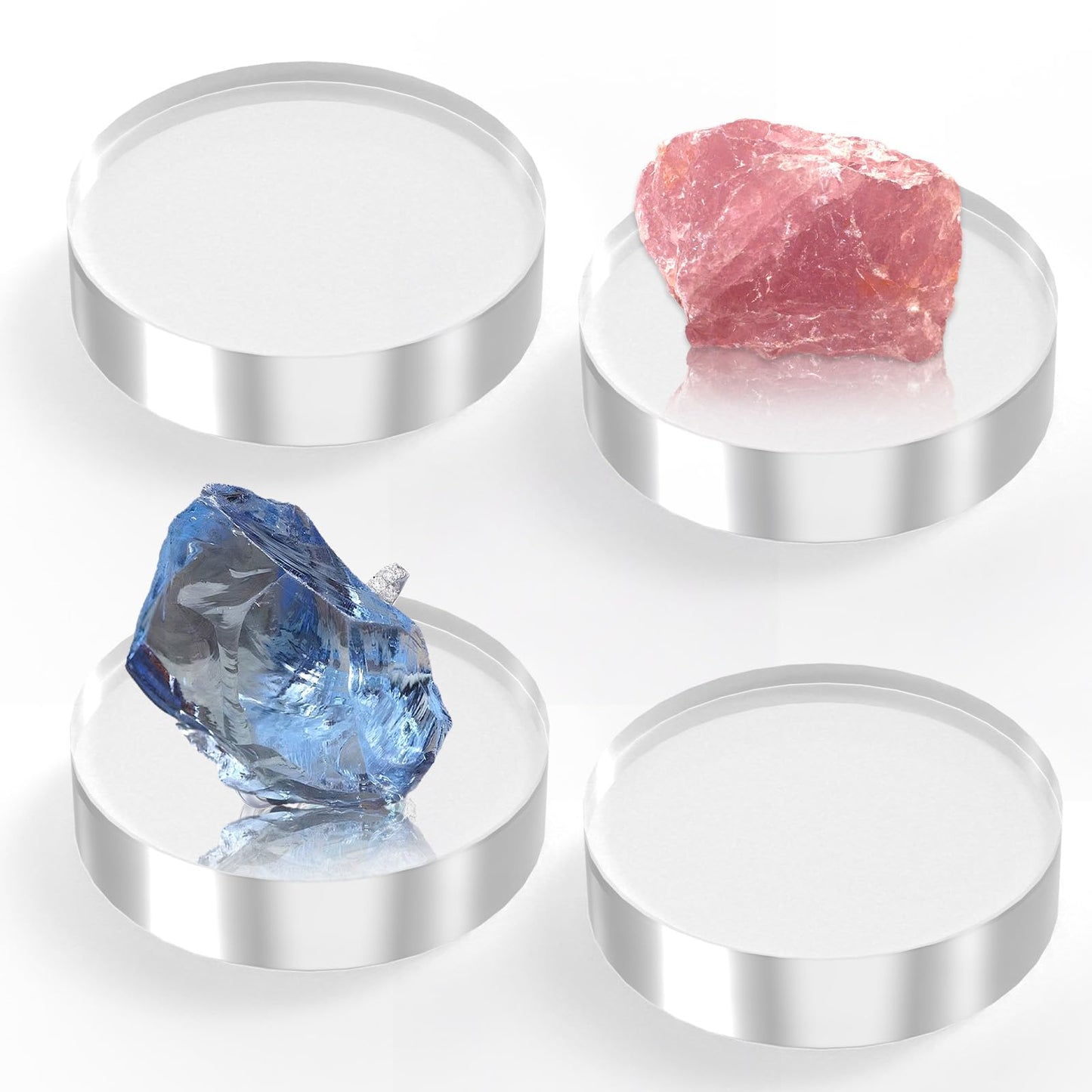 SAMYUCHO Acrylic Blocks 3 X 3 X 1 Inch 4 Pcs Acrylic Base Stand for Display Clear Block Round Riser Display Stands Pedestal Polished Cube for Jewelry trophy Props Collection Ring