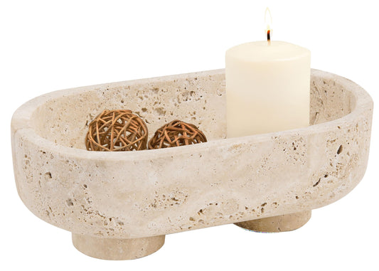 Radicaln Marble Oval Bowl With Stand 10" Inches Travertine Handmade Decorative Bowl, Ideal Key Bowl & Candle Holder, Candy and fruit Dish For Kitchen Countertop