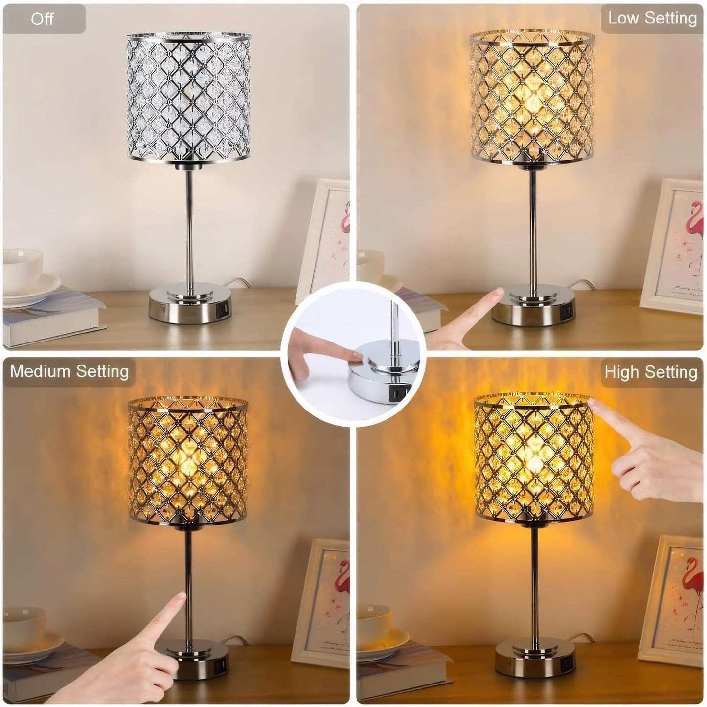 GyroVu Crystal Table Lamp for Bedroom Living Room, Touch Control Bedside Lamp with USB C+A Ports - Dimmable Nightstand Lamp Modern Light, Bulb Included