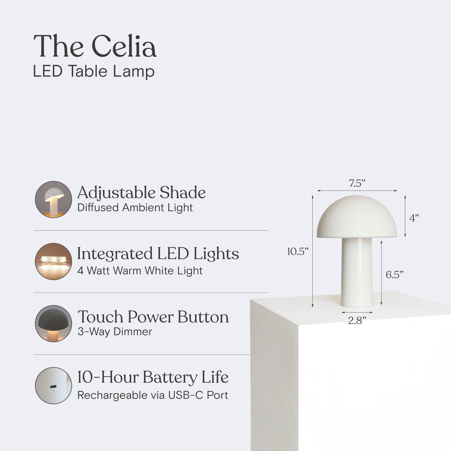 Brightech Celia Table Lamp – 10" Touch-Controlled Mushroom Small Lamp, Cordless & Dimmable LED, Portable Bedside Night Light, Sustainable Mood Light, Recycled Modern Patio Lamp for Home Décor – Cream