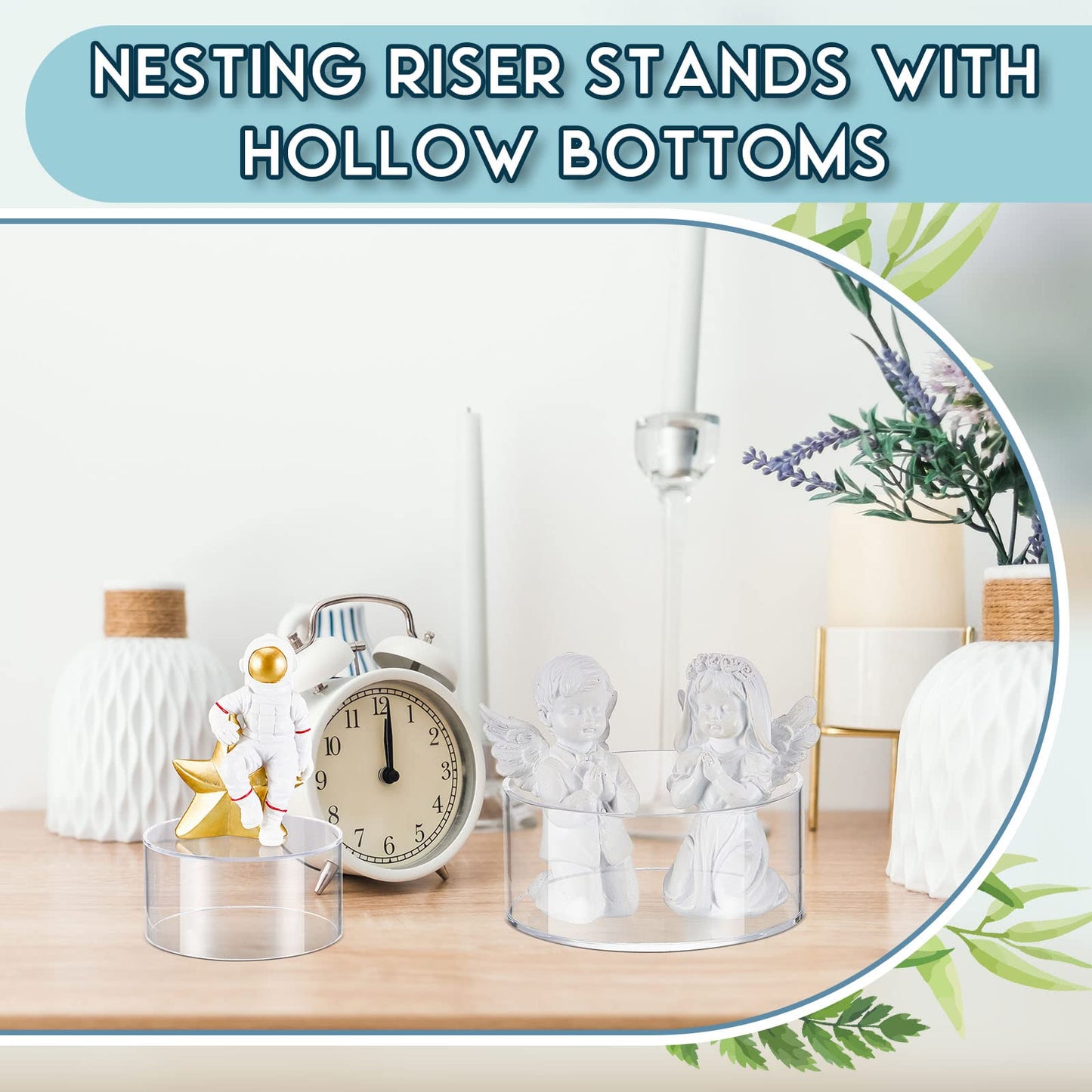 Jerify 12 Pcs Acrylic Risers Display Stands, 5.91'' 5.12'' 3.54'', Clear Round Nesting Pedestal Shelf with Hollow Bottom for Tabletop Jewelry Display, Table Centerpiece, Food Risers for Party, 3 Sizes