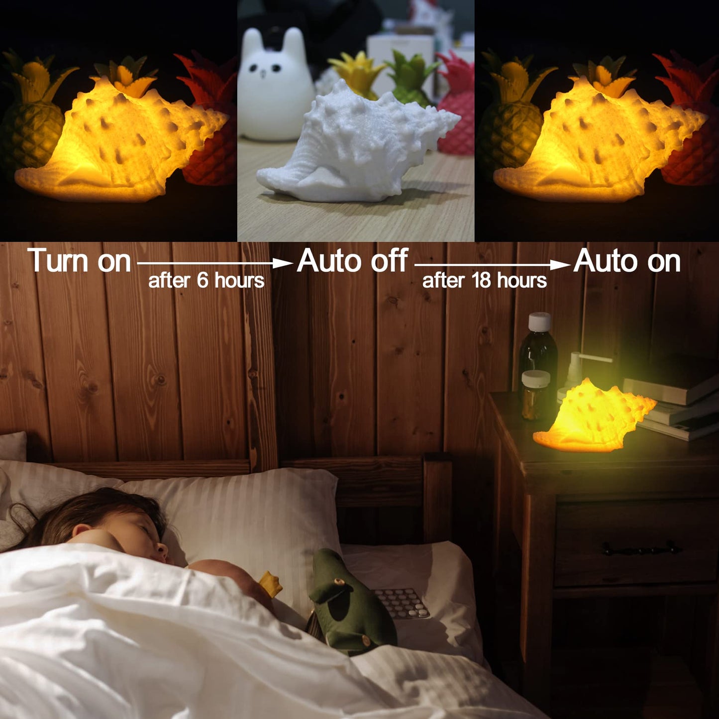 Conch Shell Night Light-Battery Powered LED Night Light for Kids Room, Auto Off Timer, Adults Bedroom Decor Nautical Lighting, Beach Themed Lamp Suitable for Baby Nursery, Home Ocean-Nightstand Decor