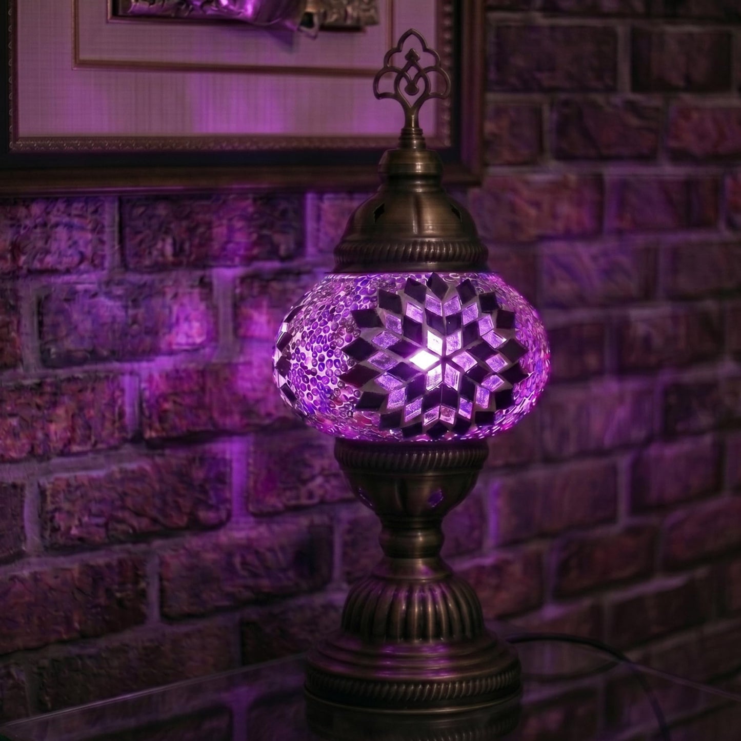 VIALVENTA Turkish Purple Mosaic Table Lamp, Handmade, Mosaic Moroccan Table Lighting, 13-Inch Height, 5-Inch Mosaic Glass Globe, Tiffany Light, Night Light, Bedroom and Living Room Lighting
