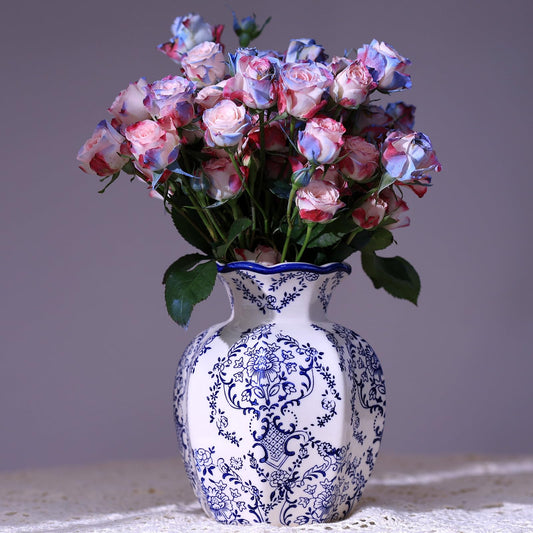 KEEWIIT Vintage Pastoral Octagonal Vase, Blue and White Ceramic Flower Vase, Elegant Decoration for Living Room, Bookshelf, Kitchen, or Bedroom (Blue & White Baroque, Small)