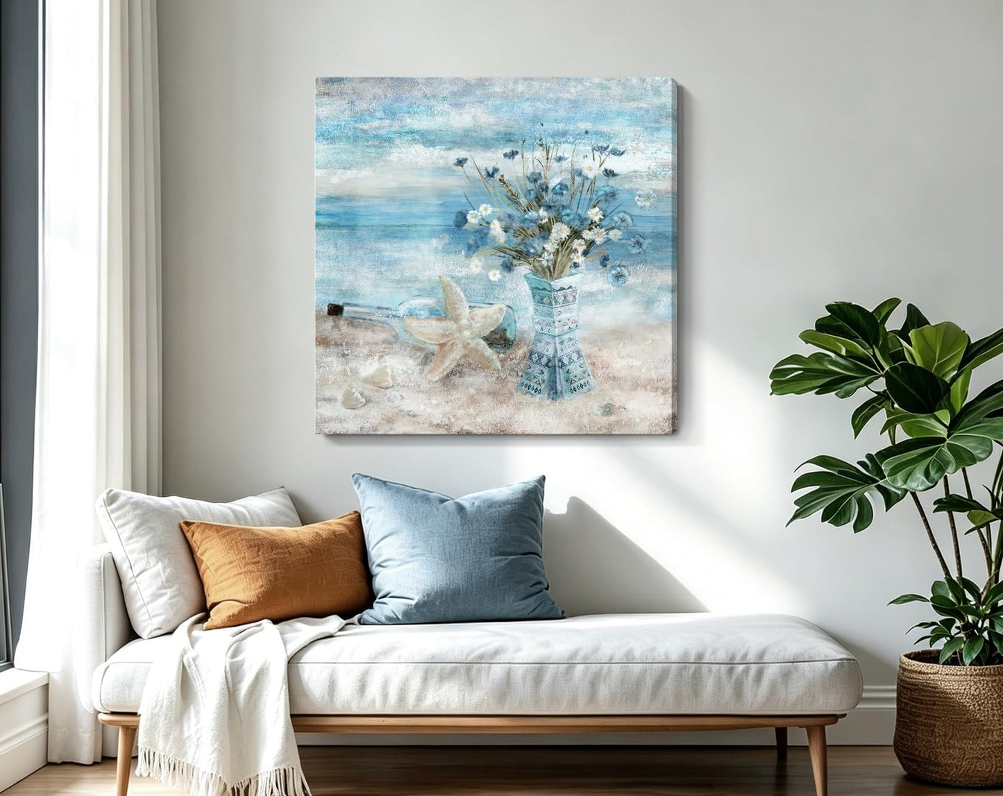 Beach Wall Art for Living Room Blue Ocean Theme Canvas Print Modern Abstract Coastal Picture Seascape Painting Daisy Flower in Indian Vase Framed Artwork for Seaside Bedroom Bathroom Office 24x24inch