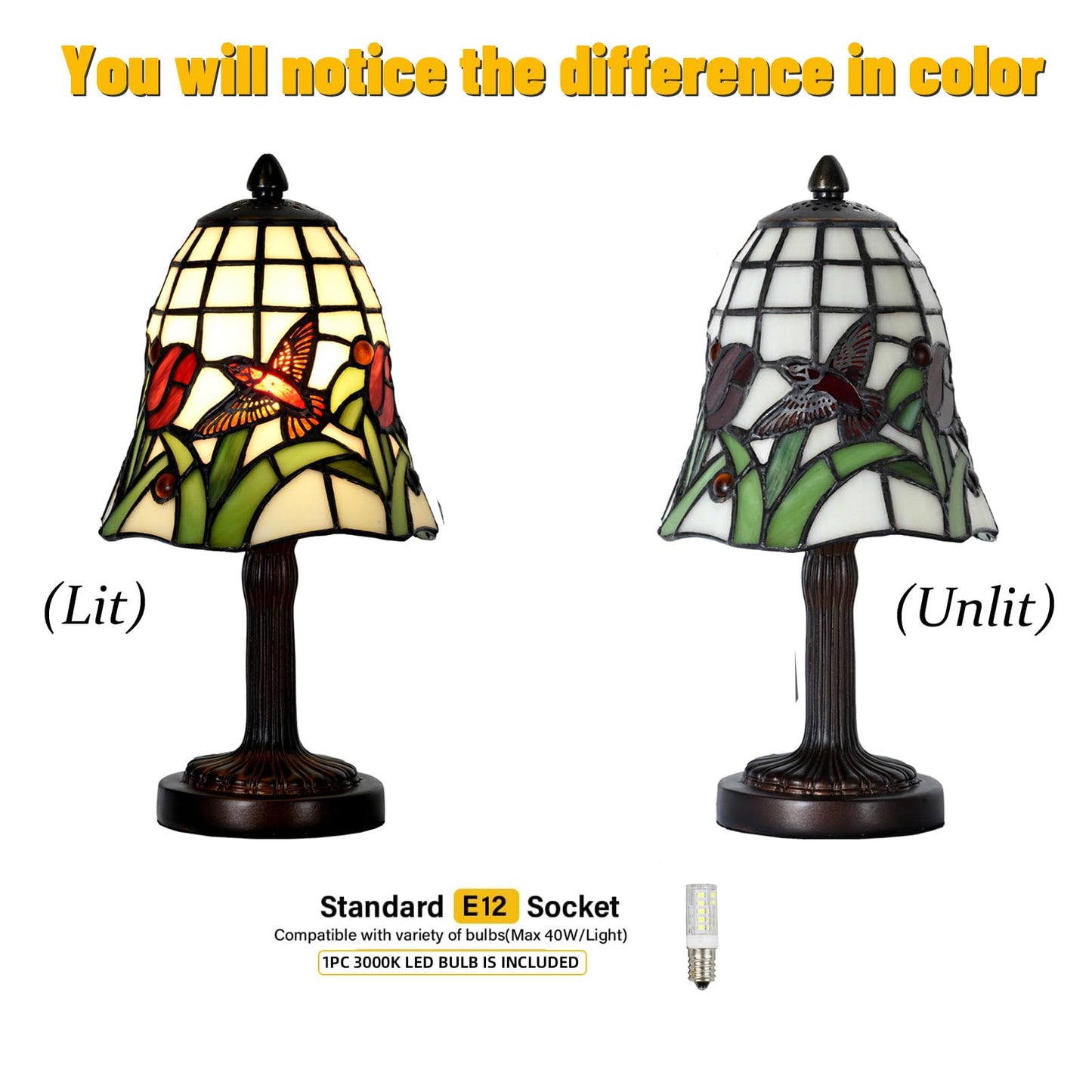 HomeBeauty TL0039 Tiffany Style Mini Table Lamp,Handmade Stained Glass Hummingbird Tulip Accent Lamp,W 6" x H 11.75" Small Desk Lamp for Bedroom Living Room,Nightstand,Coffee Table, LED Bulb Included