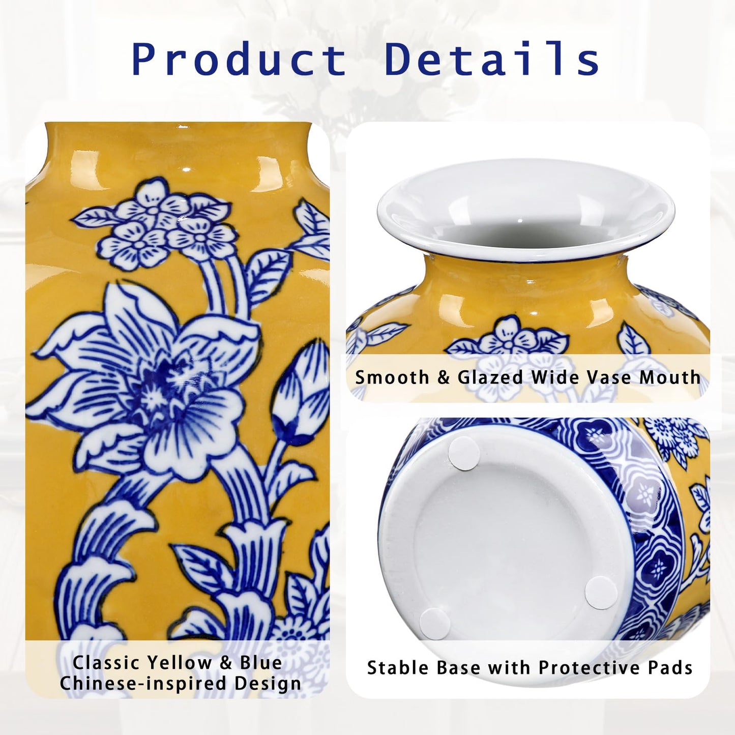 Blue and Yellow Ceramic Vase, 8.4" Tall Chinoiserie Flower Vase Decor with Wide Mouth, Royal-Inspired Decorative Porcelain Vases for Centerpieces, Table, Shelf & Home Decor, Wedding, Housewarming Gift