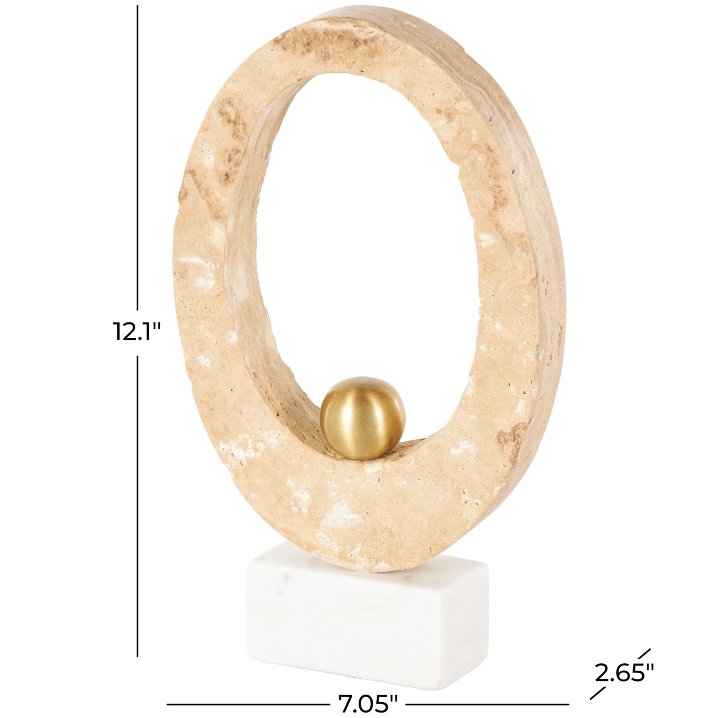 Deco 79 Marble Abstract Decorative Sculpture Oval Home Decor Statue with Gold Ball and White Base, Accent Figurine 7" x 3" x 12", Cream