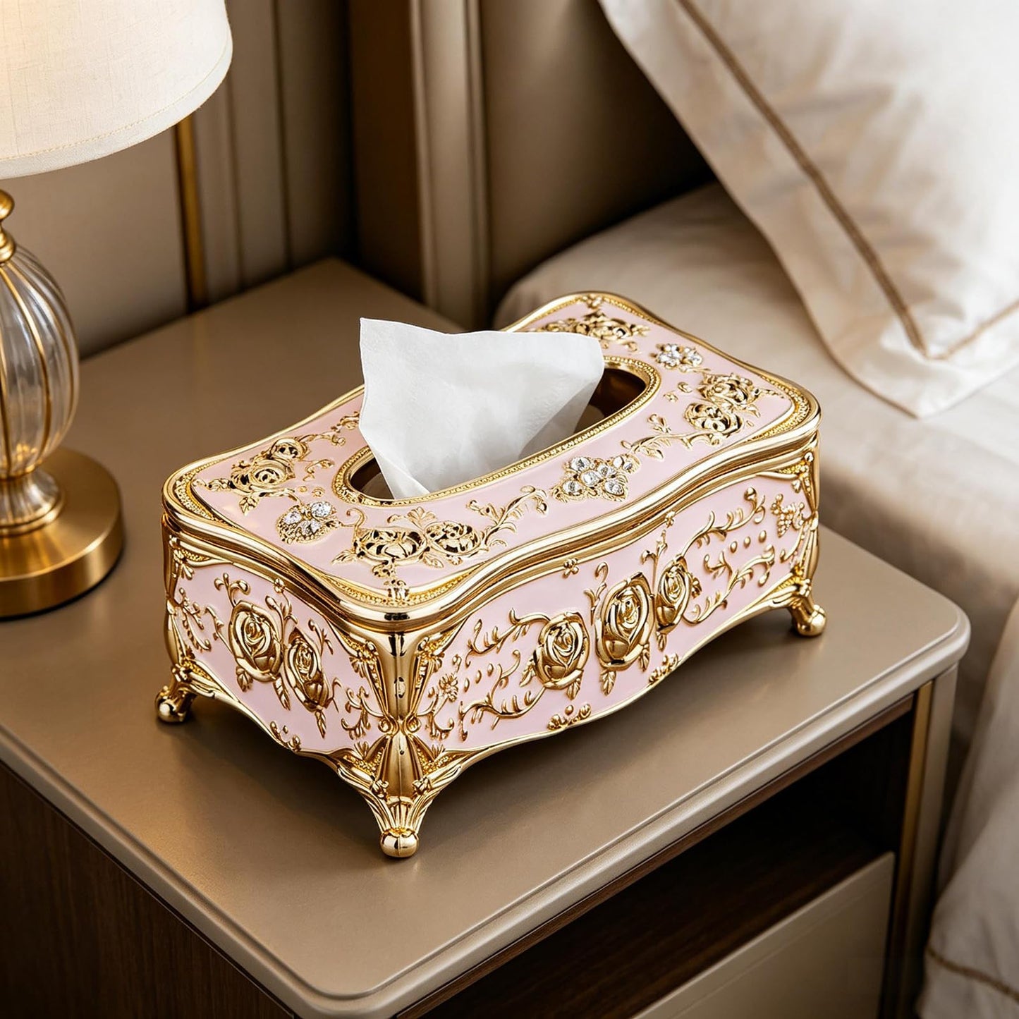 Moorfowl Vintage European Tissue Box Cover Rectangle Rose Pattern Long Tissue Box Holder for Bathroom Vanity Countertop, Bedroom Dresser, Nightstand and End Table (Gold Pink)