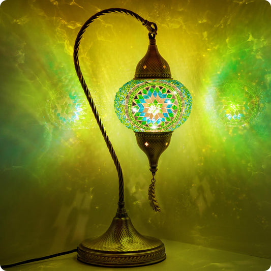 Yarra-Decor Turkish Moroccan Mosaic Table Lamp with Bronze Base - 3 Color Options Handmade Swan Neck Tiffany Mosaic Glass Bedside Lamps for Bedroom, 19" (LED Bulb Included) (Green2)