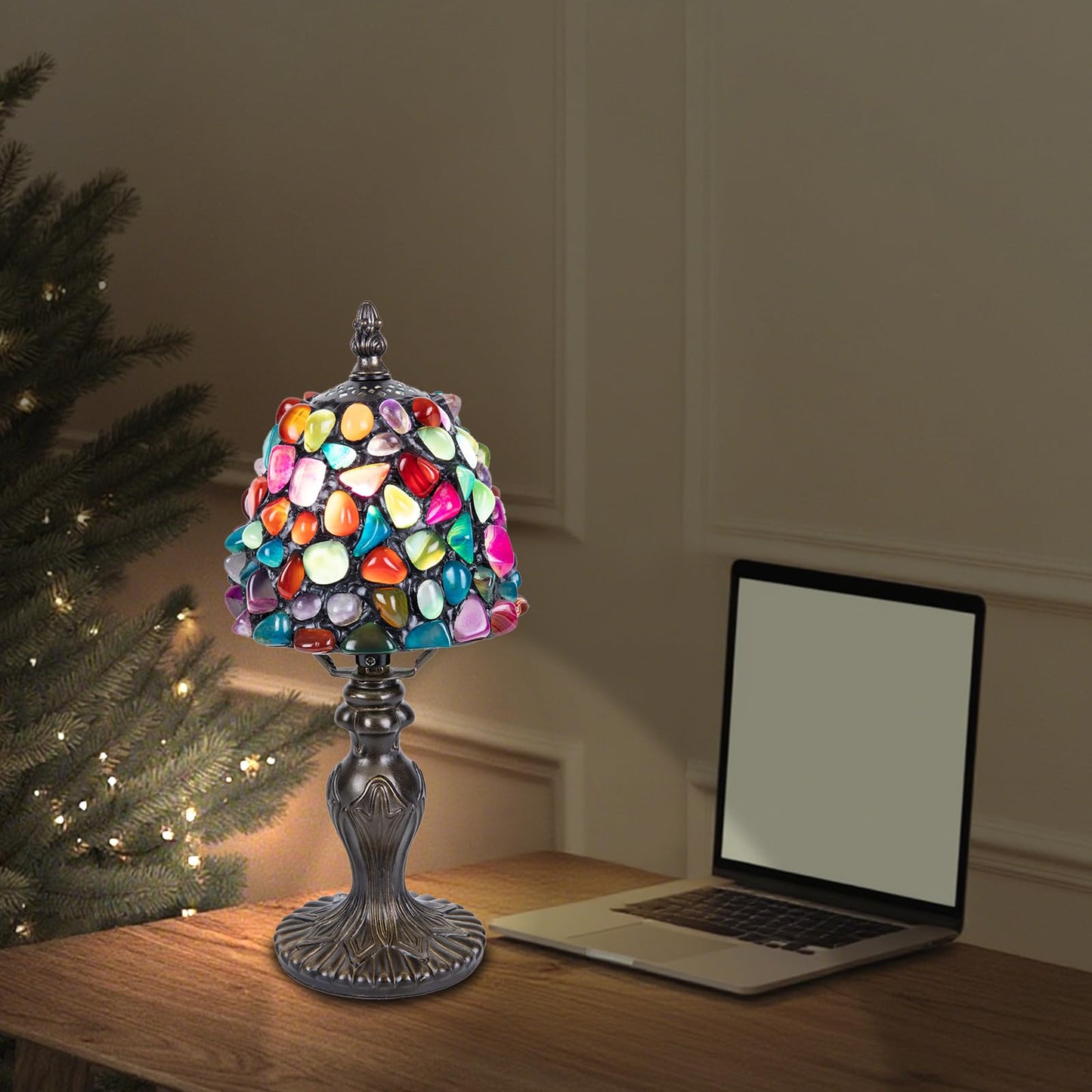 Nizrsky Small Tiffany Table Lamp, 3 Color-Temperature Agate Amber Stained Glass Lamp,6 Inch Tiffany Style Lamp for Bedroom Living Room Home, Handcrafted Light, Included Bulb