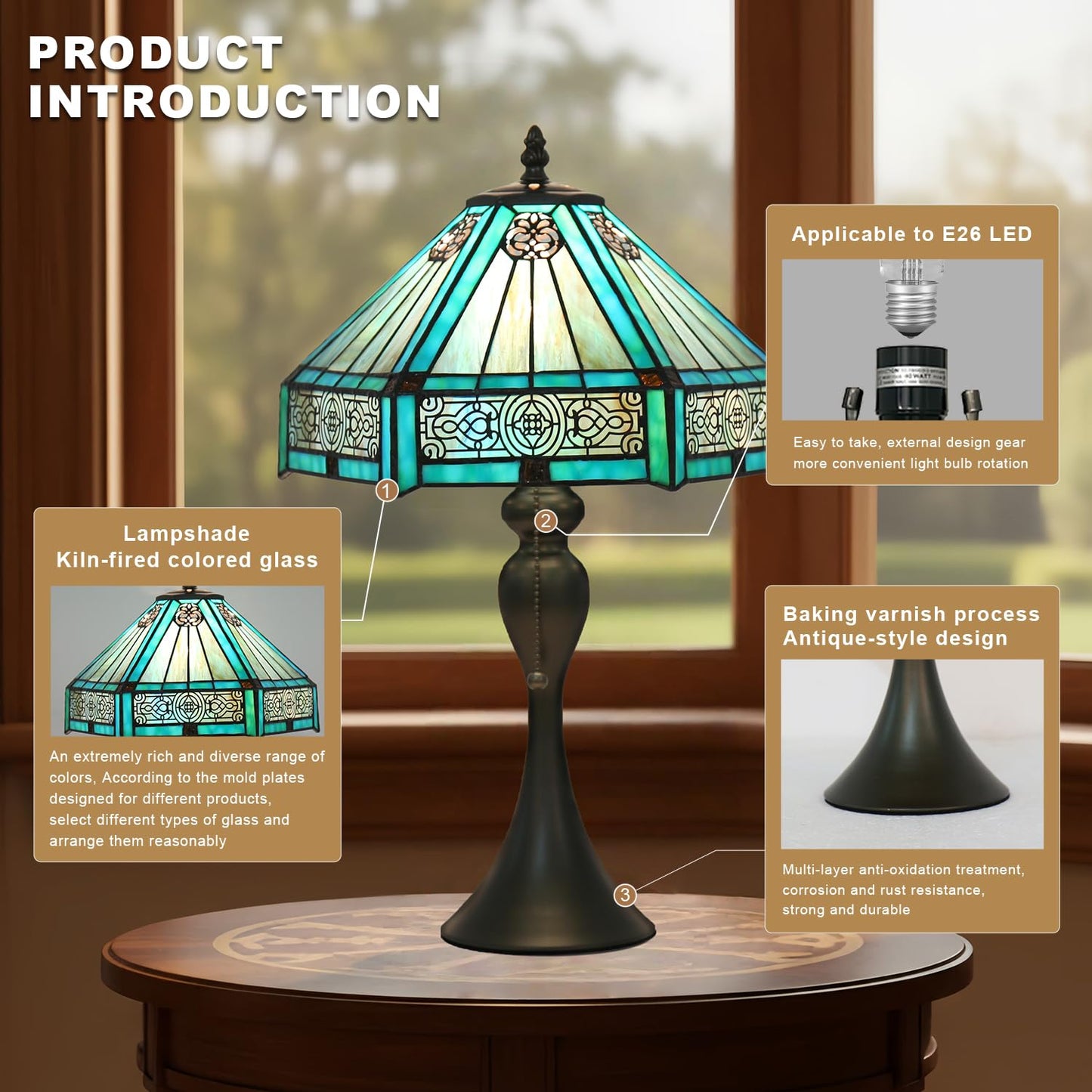 TFNALNB Tiffany Style Table Lamp, Stained Glass Lamp, 12x12x19 Inch, Vintage Metal Base Desk Light,（Green）