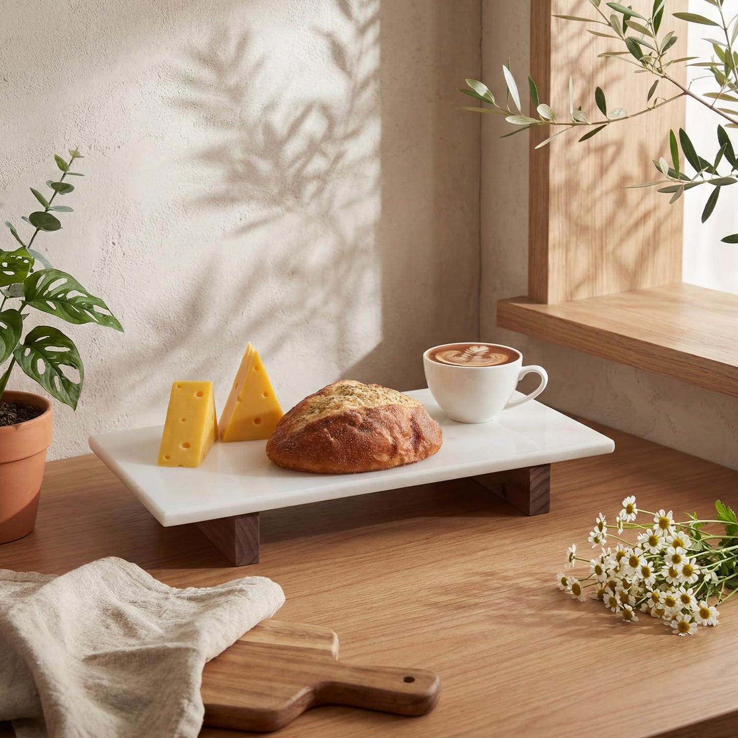 Yiyiring Marble Charcuterie Board Display White Cheese Cutting Footed Stand Tray with Wooden Feet 15.75"L x 8" W x 2.5" H for Vanity, Kitchen and Serving, or as a Gatherings Elegant Cheese Board Gift