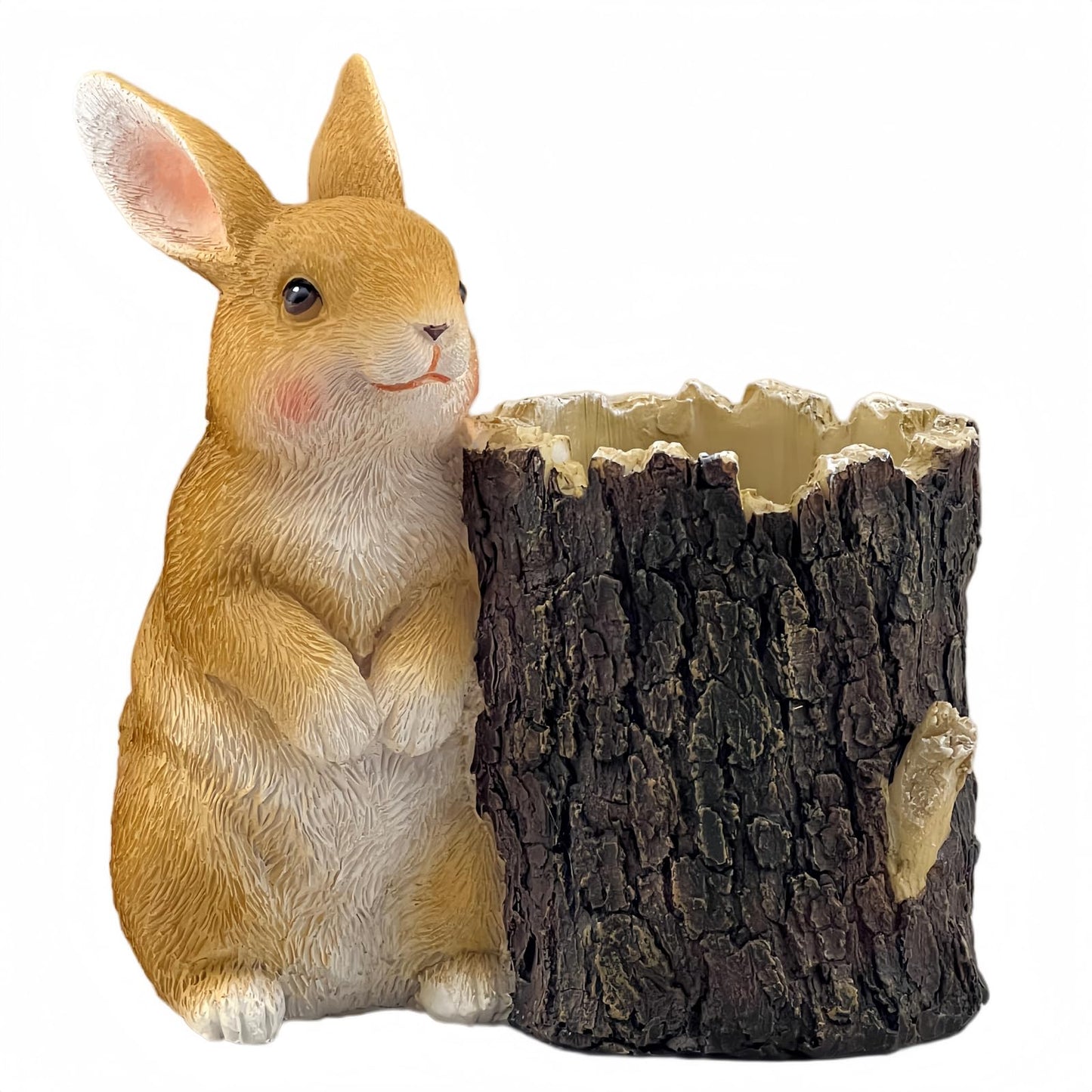 Big Stone Art Resin Rabbit Planter with Tree Stump Statue, Bunny Garden Decor, Animal Figurine Pot (Brown)