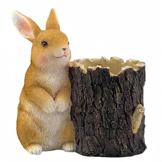 Big Stone Art Resin Rabbit Planter with Tree Stump Statue, Bunny Garden Decor, Animal Figurine Pot (Brown)